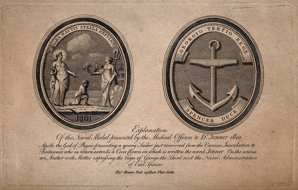 Front and reverse of a medal presented to Jenner by naval medical officers in 1801. Engraving, 1801, after a medal made by…