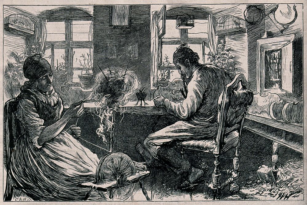 A woman sits working at a spinning wheel as a man works at the table making a violin. Wood engraving by C & H after H.…