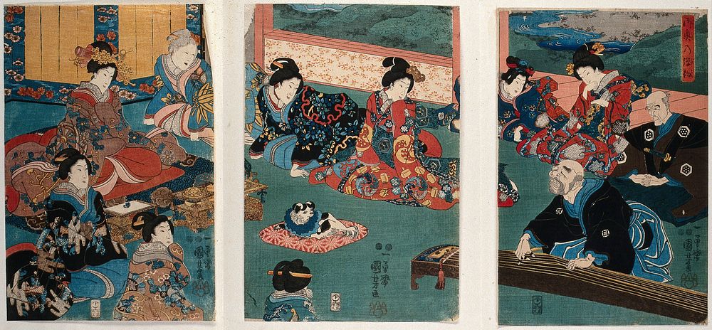 A blind musician plays the koto to a gathering of women dressed in ornate kimonos. Coloured woodcut by Kuniyoshi, 1849/1852.