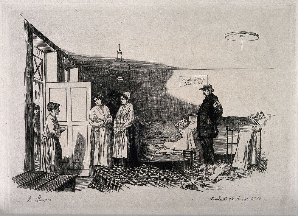 Franco-Prussian War: hospital ward, Dieulouard. Etching by A. Lançon, 1870.