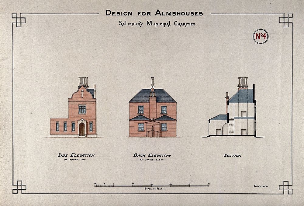 Almshouse, Salisbury: side and back elevations and section. Coloured drawing by W. Grellier.
