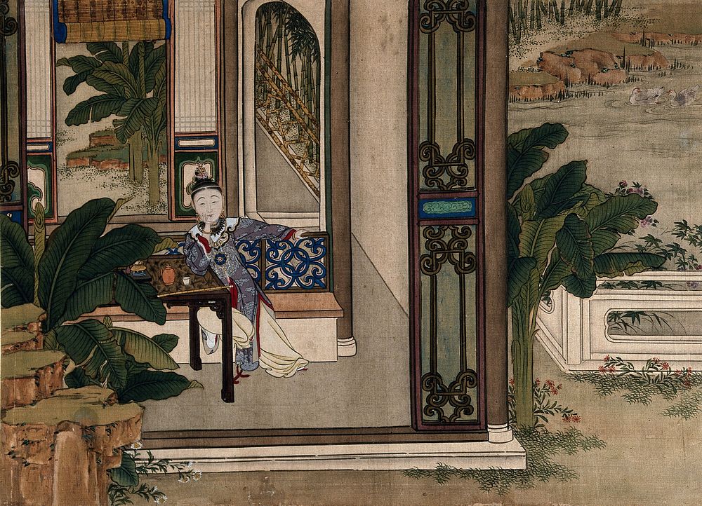 A Chinese lady seated leaning on a tea table; right, a water-garden with ducks. Gouache.