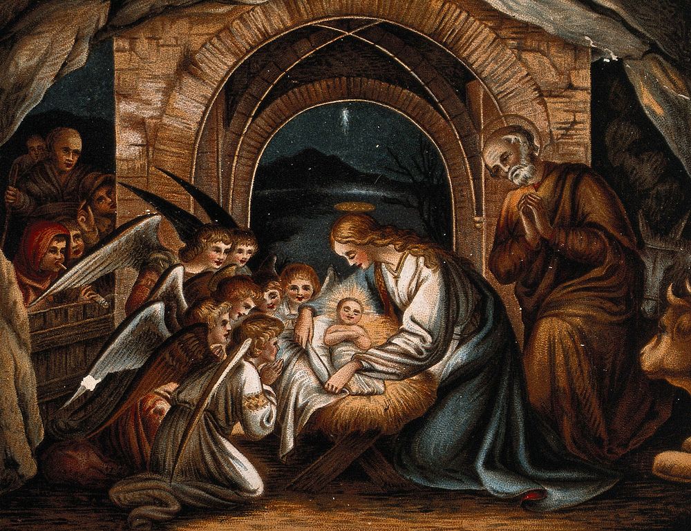 Angels pray at the birth of Christ. Chromolithograph.