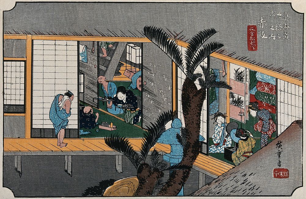 A scene inside an inn: left, a guest is waited on by a servant girl bringing food, and by a blind masseur; right, in another…