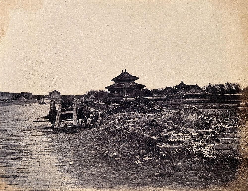 Beijing, China: Chinese army guns on the city wall, after capture by the English and French armies during the Second China…