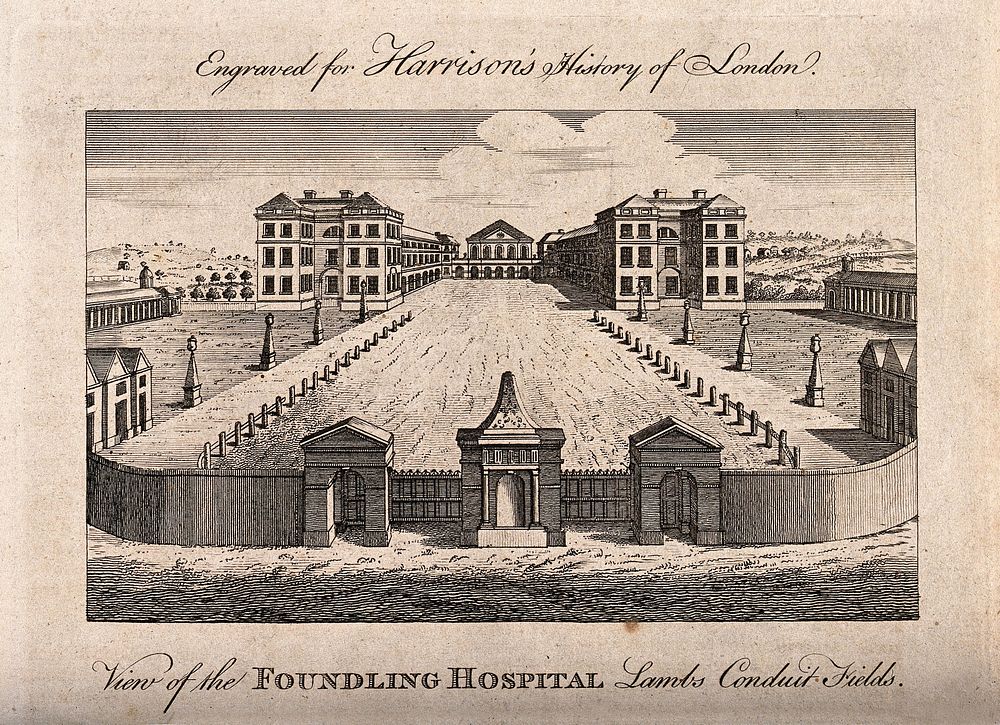 The Foundling Hospital, Holborn, London: a bird's-eye view of the courtyard. Engraving, 1775.