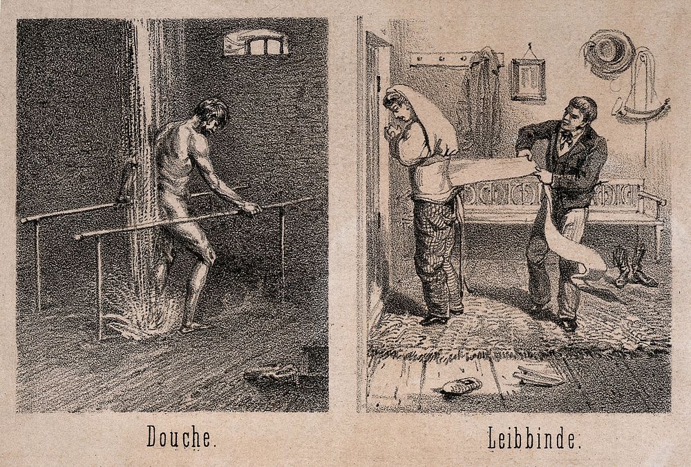 Hydrotherapy: eight vignettes of different cures at Gräfenberg, Germany. Lithograph, ca. 1860.