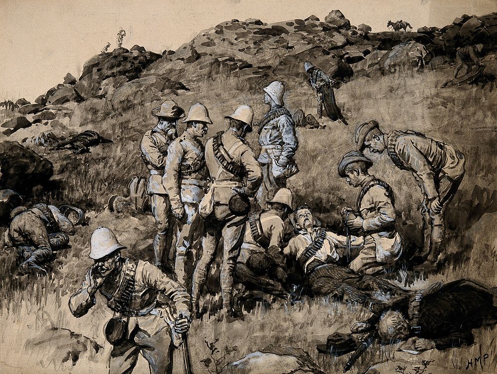 Boer War: British soldiers tending the wounded Boers after a battle. Watercolour by H.M. Paget, 1900.
