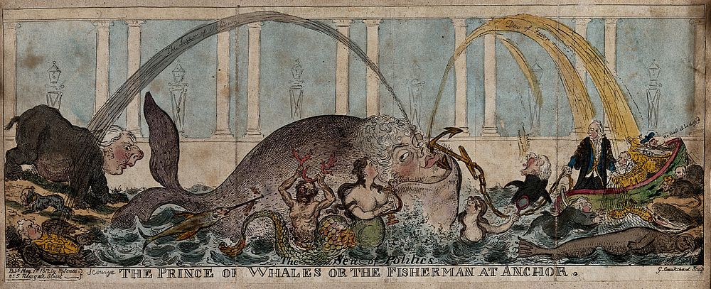 A whale with the head of the Prince Regent spouts two streams inscribed "The liquor of oblivion" and "The dew of favour"…