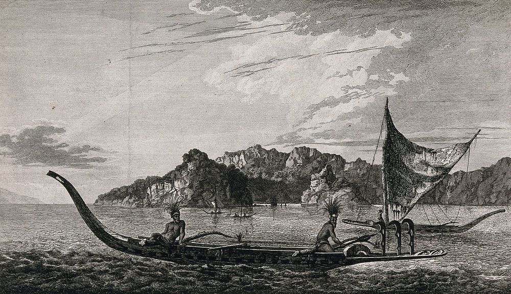 Resolution Bay in the Marquesas Islands: canoes and a sailing boat in the harbour. Engraving by B.T. Pouncy, 1777, after W.…