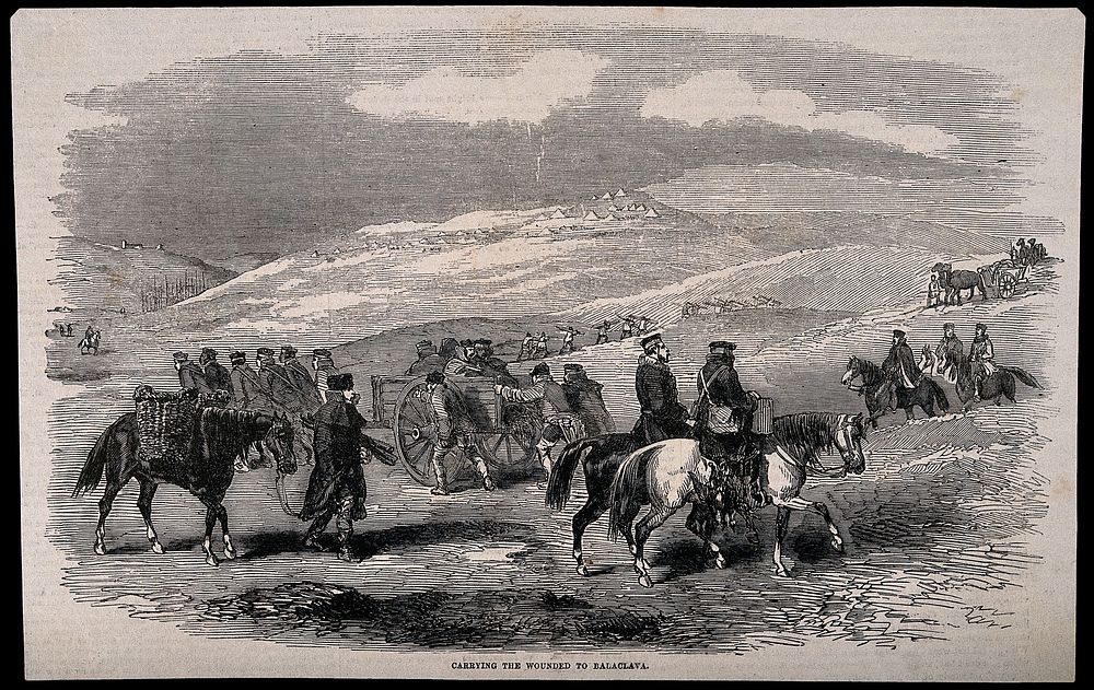 Crimean War: carrying the wounded to Balaklava, Russia. Wood engraving.