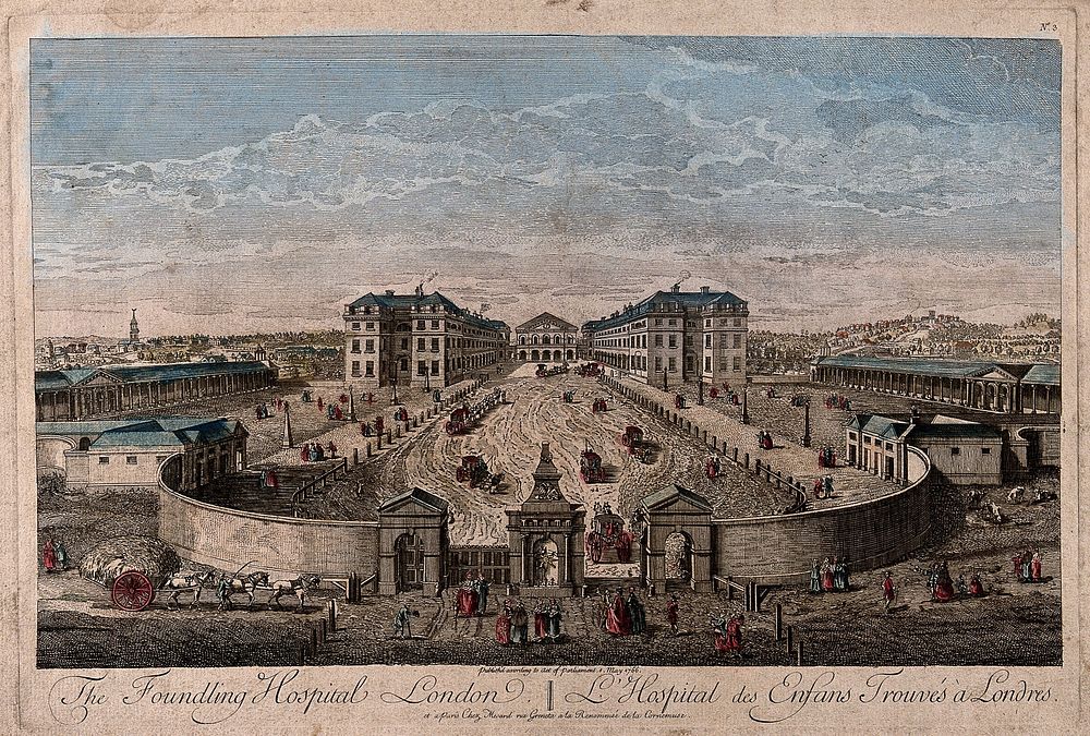 The Foundling Hospital, Holborn, London: a bird's-eye view of the courtyard. Coloured engraving, 1756.