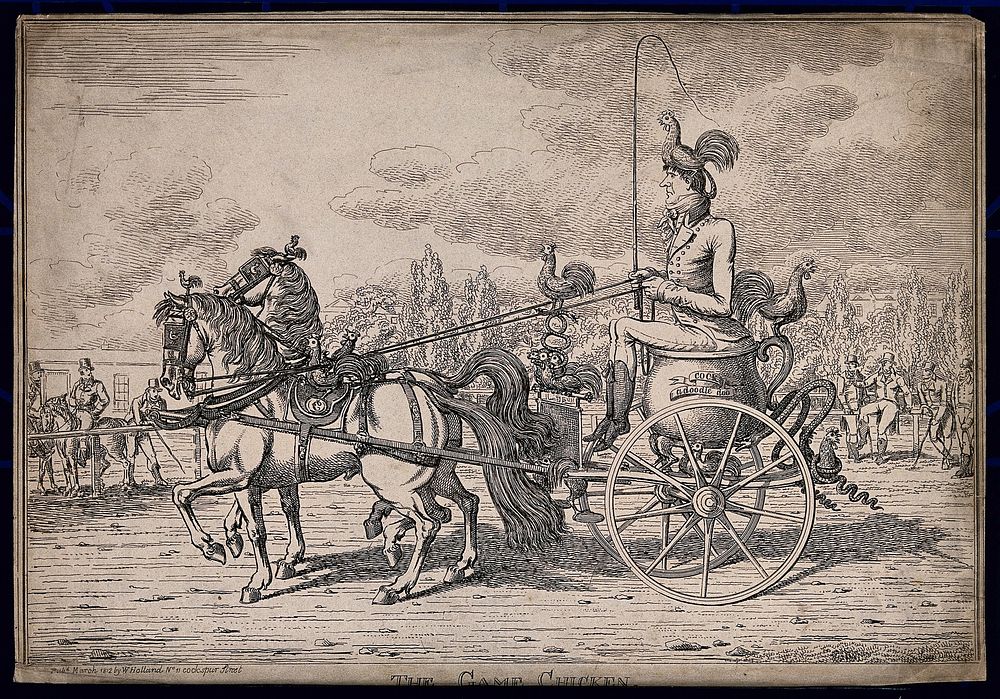 Robert Coates riding on a large cauldren pulled by two horses with a chicken on his head. Etching by C. Williams, 1812.