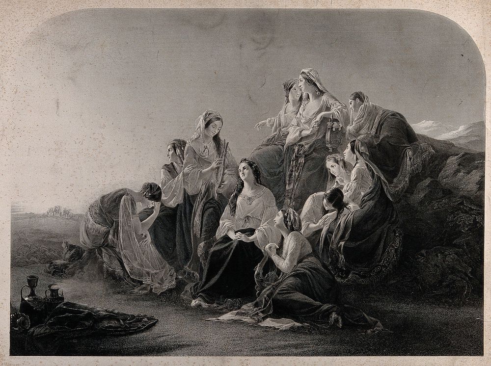 Jephthah's daughter contemplating her virginity and her imminent death, surrounded by woeful attendants with musical…