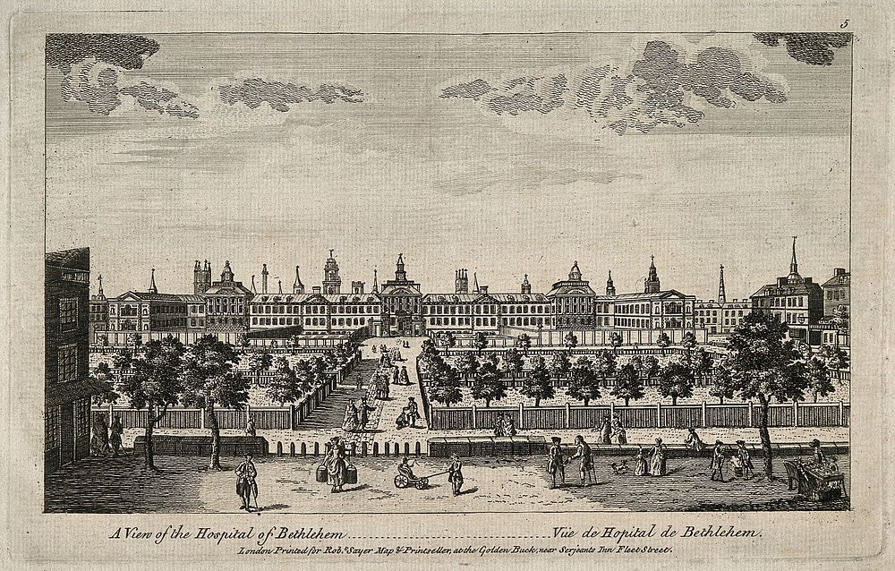 The Hospital of Bethlem [Bedlam] at Moorfields, London: seen from the north, with people in the foreground. Engraving, c.…