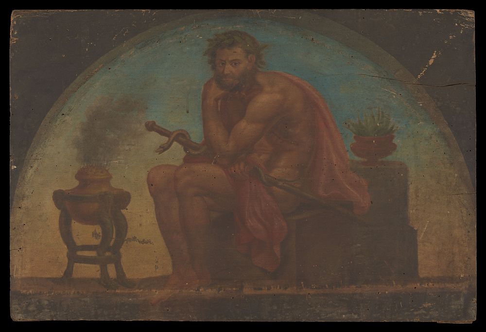 Aesculapius (Asklepios). Oil painting.