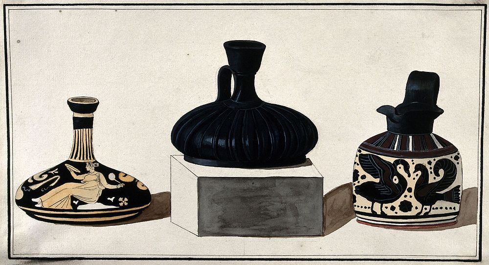 Three Greek pouring vessels; left, red-figured vessel; middle, black vessel with a handle; right, protocorinthian vessel…