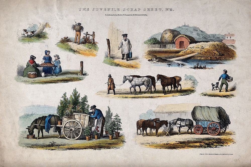 A collection of rural scenes, including a boy carrying a milk churn, a woman selling produce by the roadside, and horses.…