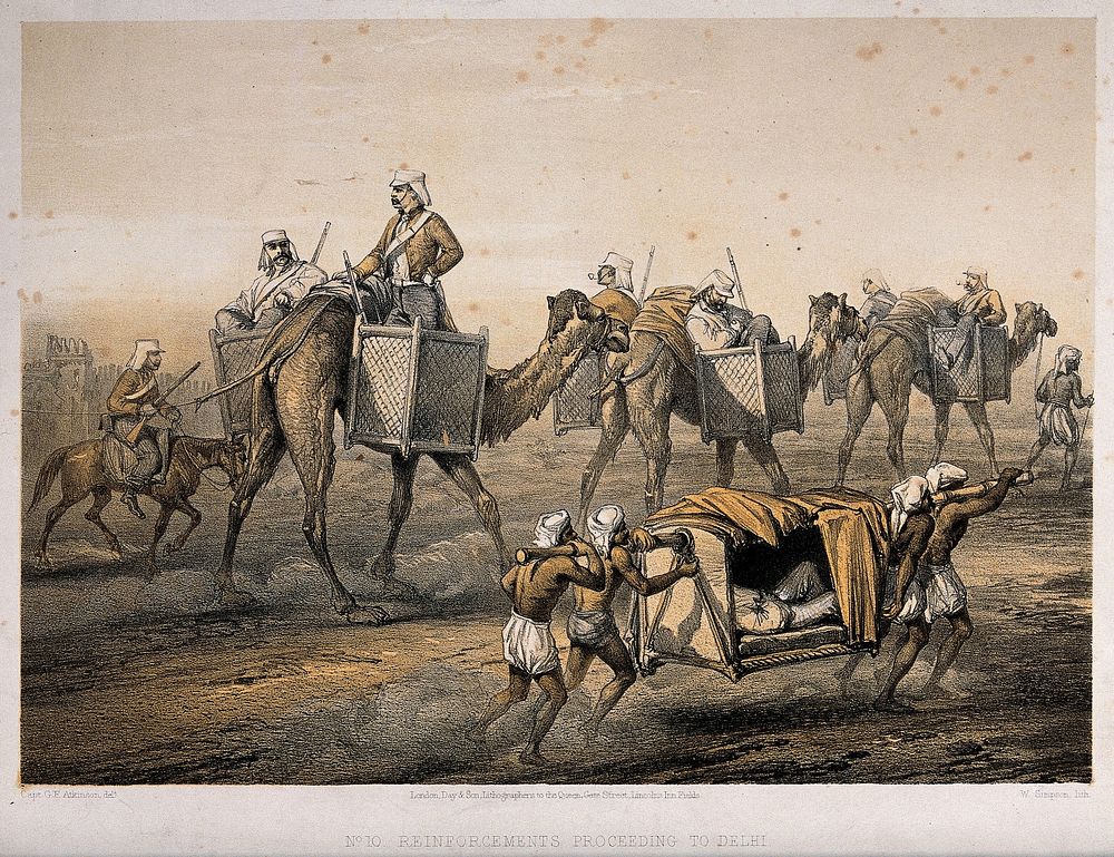 Sepoy Rebellion: British officers travelling in panniers on the backs of camels and borne in a litter by Indian men. Tinted…