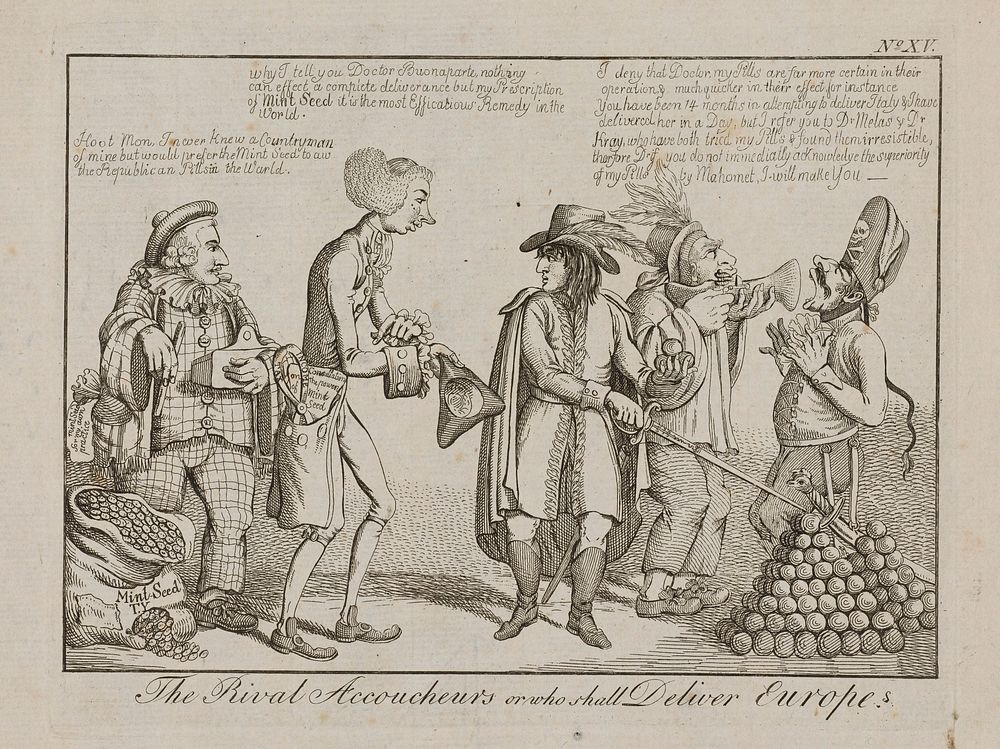 William Pitt the younger as an obstetrician and medicine vendor, accompanied by Henry Dundas as his assistant, disputing…