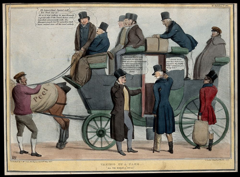 Lord Stanley holds open the door of a coach to Sir Francis Burdett with Sir Robert Peel as the driver. Coloured lithograph…