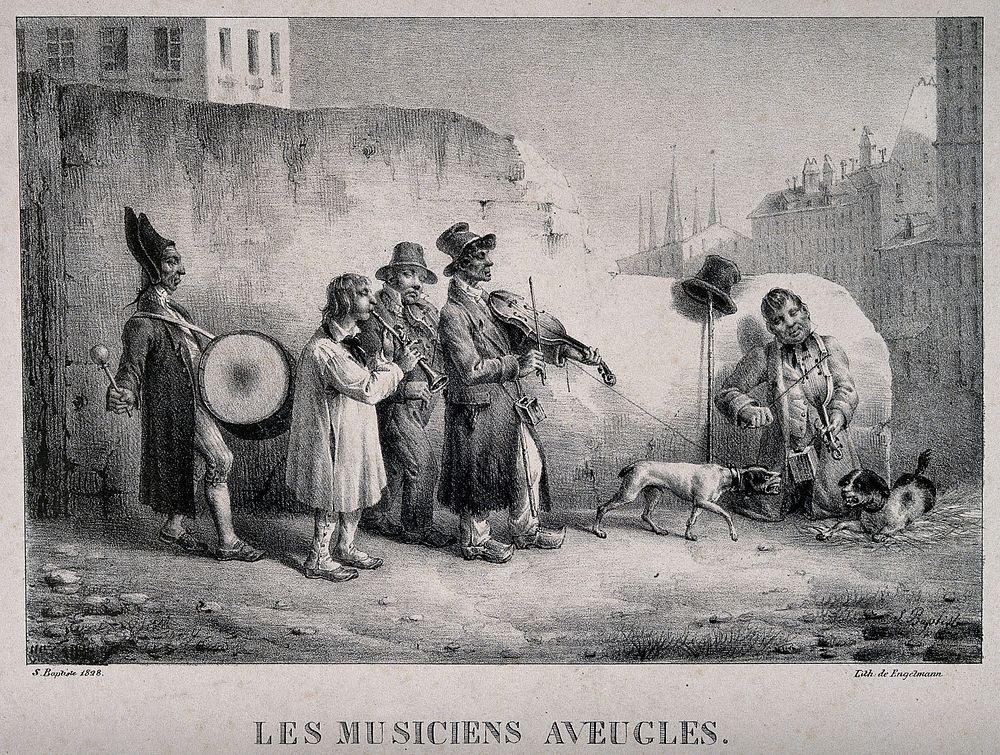 A troupe of blind musicians and their dogs confronting a rival street musician and his dog. Lithograph by Engelmann after S.…