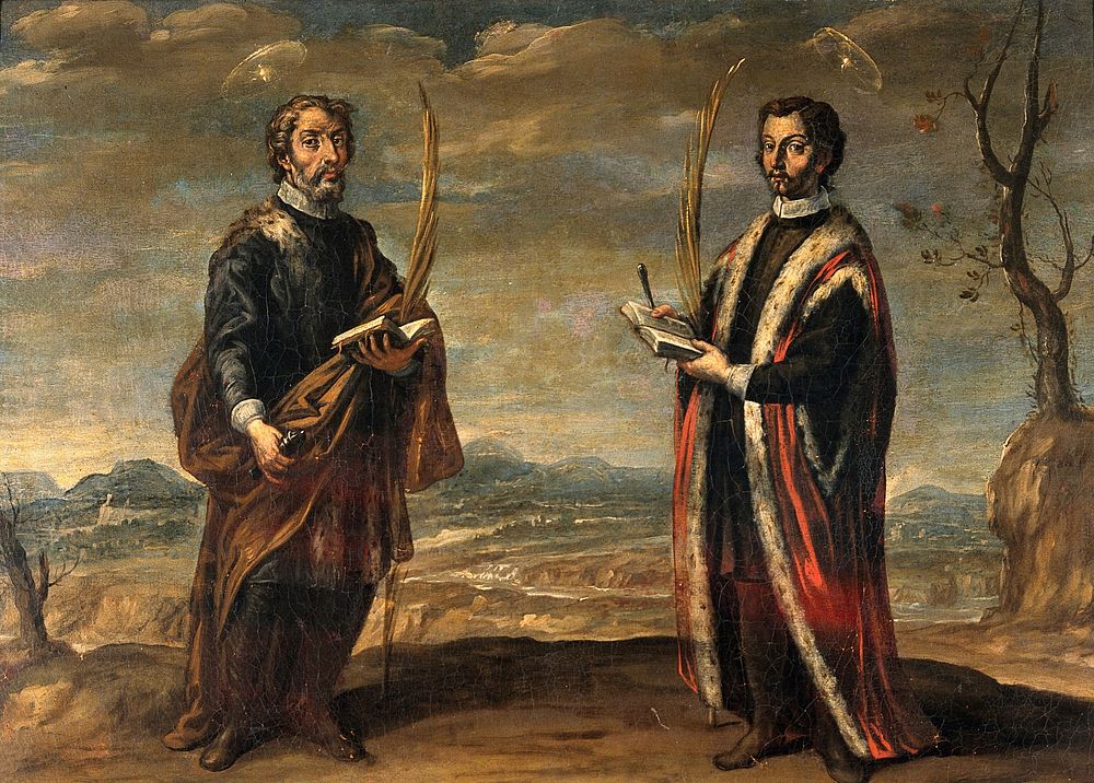 Saint Cosmas and Saint Damian in a landscape. Oil painting attributed to A. Pérez de Pineda.