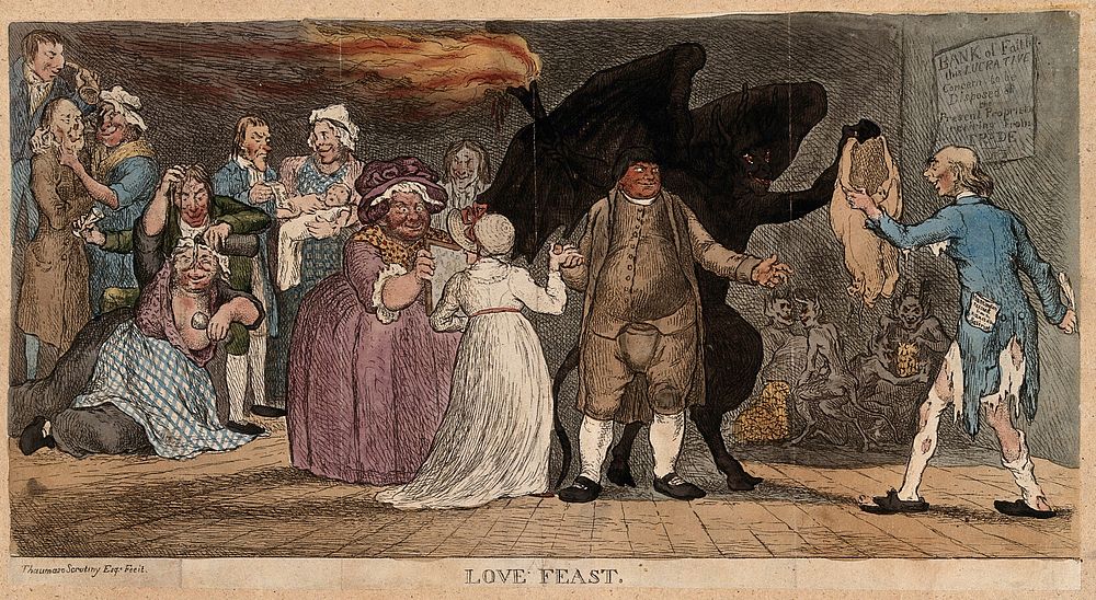 Drunken and diseased people attending the wedding of William Huntington and the rich widow Sanderson; behind Huntington is a…