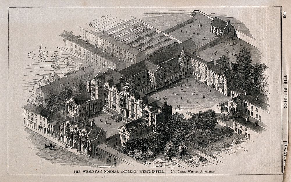 The Wesleyan College, Horseferry Road, Westminster. Wood engraving by C. D. Laing, 1850.