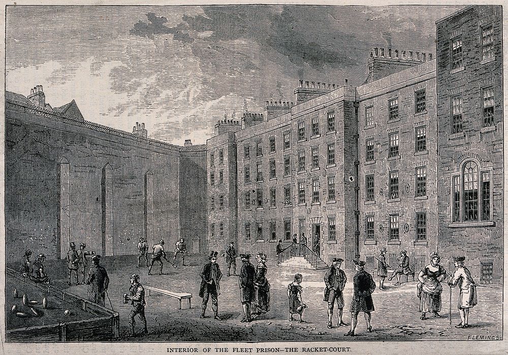 The Fleet Prison, London: the courtyard, with prisoners playing racquets while others stand and talk. Wood engraving by…