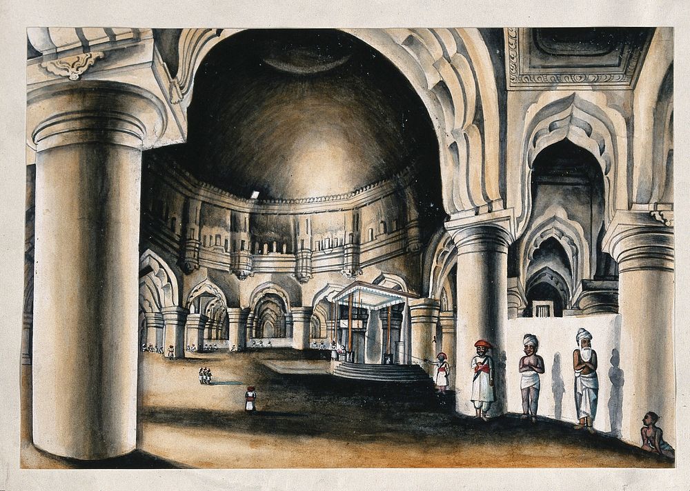 Interior of a palace converted into a Judge's court. Watercolour by an Indian painter.