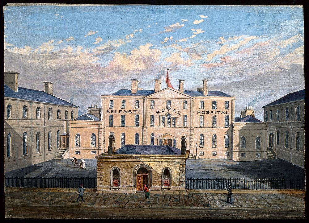 Royal Belfast Hospital: the courtyard. Watercolour.