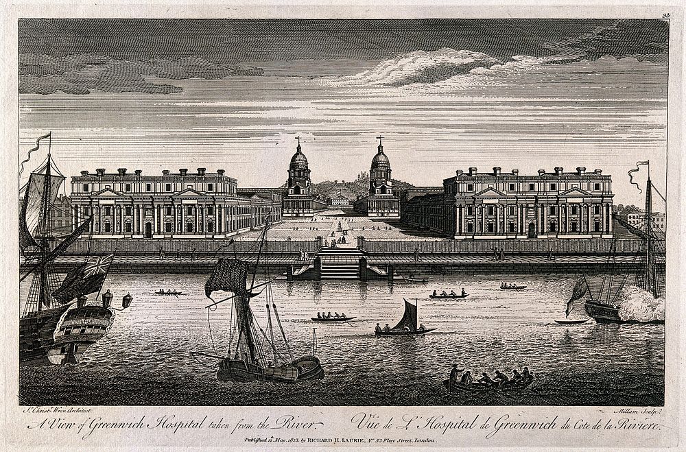 Royal Naval Hospital, Greenwich, with ships and rowing boats in the foreground. Engraving by Millam, 1823, after T. Bowles…