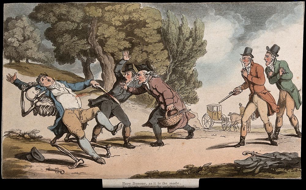 The dance of death: the duel. Coloured aquatint after T. Rowlandson, 1816.