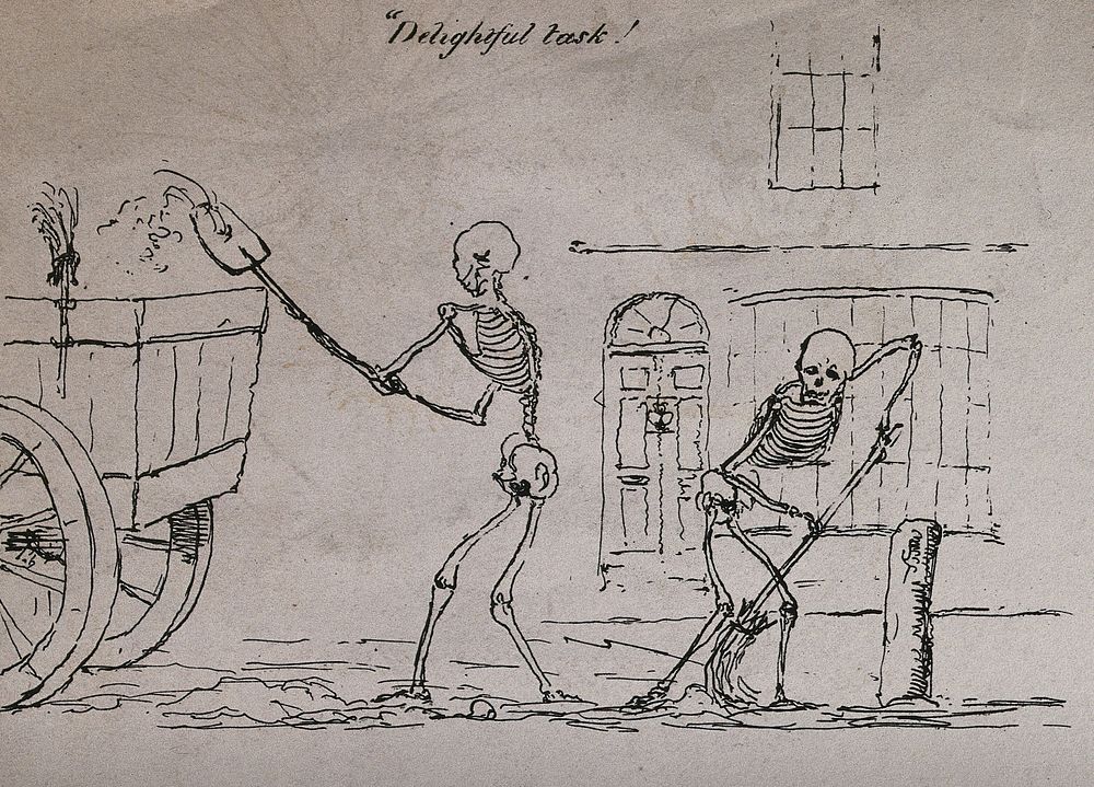 Skeletons acting out phrases in James Thomson's "The seasons": fourteen scenes. Etching by H. J. Pidding, 1822.