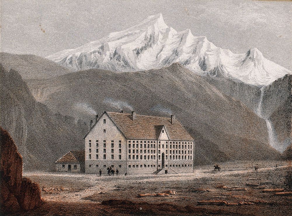 Hospital of Simplon and Monte Leone, Switzerland. Coloured lithograph by A. Cuvillier.