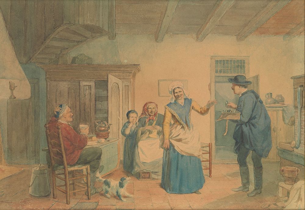 A peripatetic medicine vendor entering a house in the Netherlands. Watercolour by R. Craeyvanger, 1866.