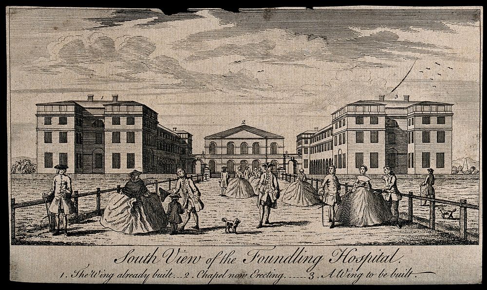 The Foundling Hospital, Holborn, London: the main buildings, with numerous people in the foreground. Engraving, ca.1750.