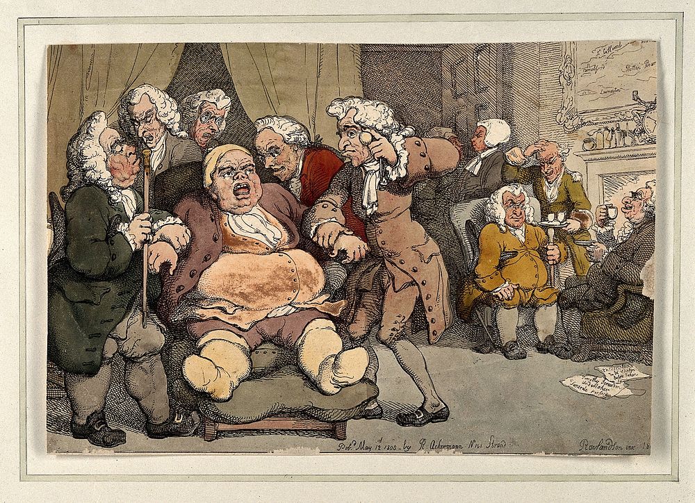 A gouty patient in his room full of unproductive doctors. Coloured etching by T. Rowlandson, 1808.