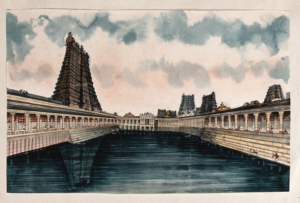 Madurai: the Golden Lotus tank, the temple tank at the Meenakshi - Sundareshwarar temple. Watercolour by an Indian painter.
