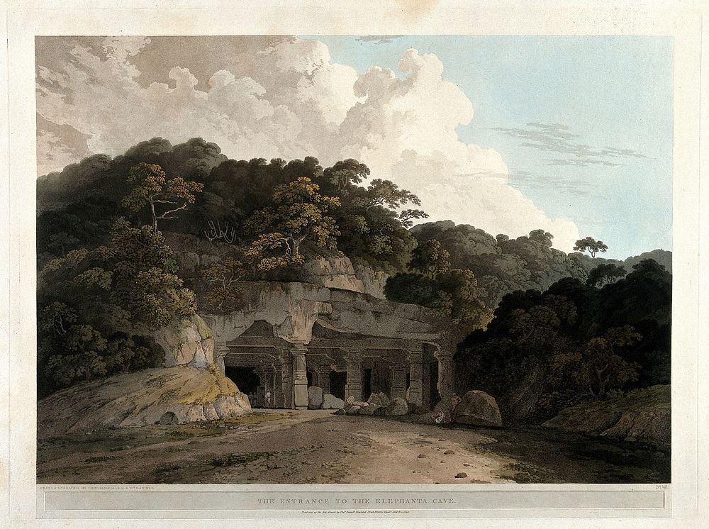 Entrance to a cave on the island of Elephanta, near Bombay, Maharashtra. Coloured aquatint by T. and W. Daniell, 1800.