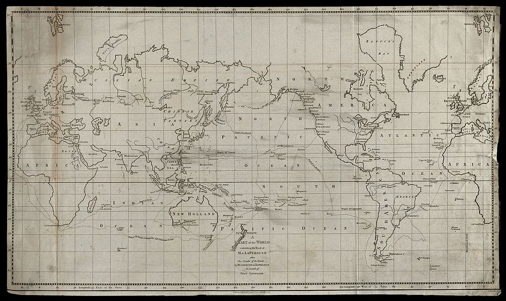 The Earth: map, showing the voyages of La Pérouse. Engraving, 1800.