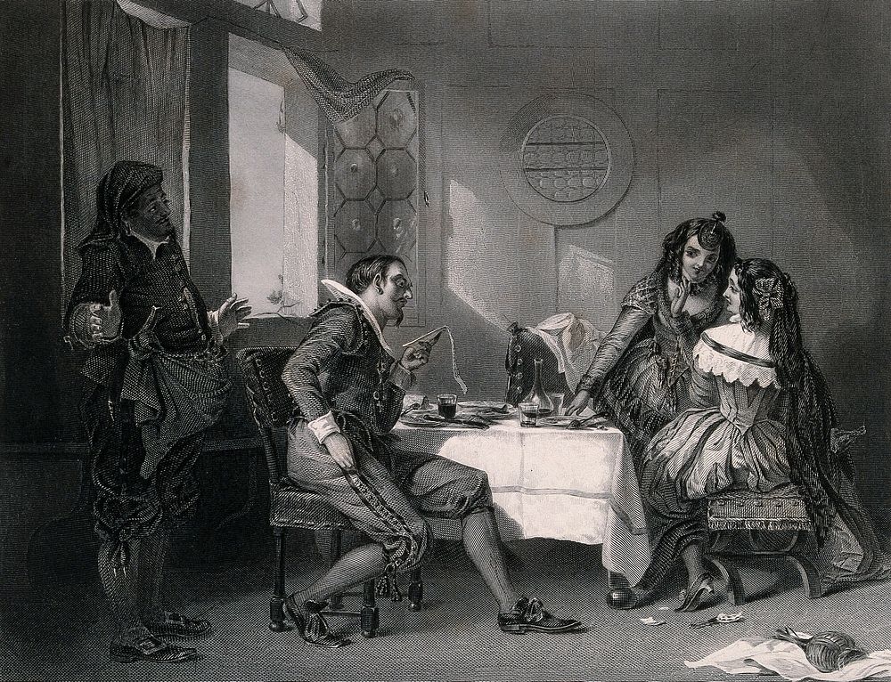 A man is horrified at the high cost of a meal in a tavern while the two women whom he has entertained enjoy his discomfort.…