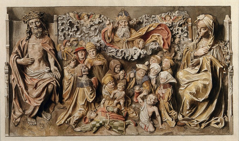 The people of Lyons receiving deliverance from the plague. Watercolour by A. Terzi, 1904, after a relief carved in wood.