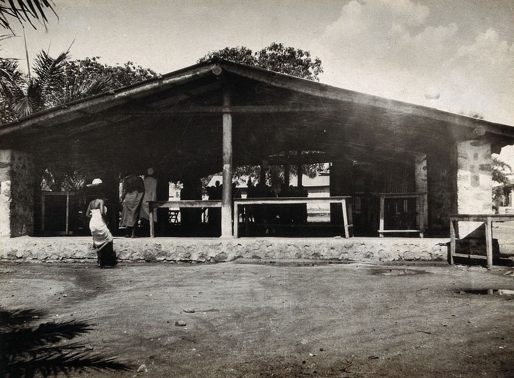Mwanza, Tanzania: the meat-market: roofed with open sides. Photograph by Andrew Balfour, 1910/1920 .