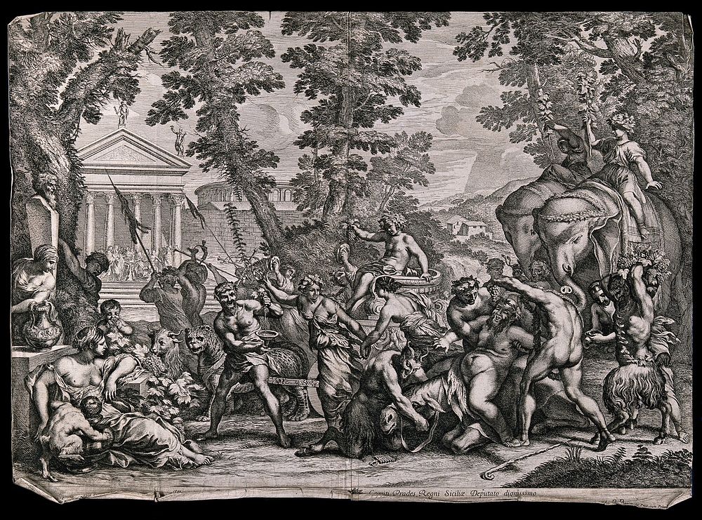 Bacchus carried on a chariot pulled by leopards, accompanied by a drunken procession of bacchants and satyrs, with Silenus…