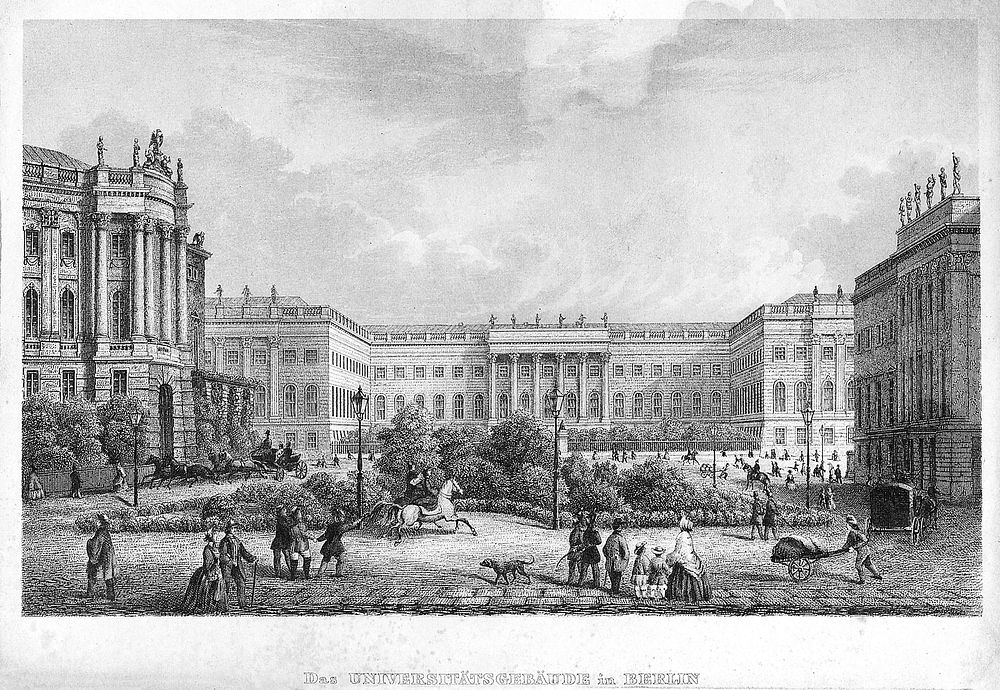 A courtyard view showing the university buildings and street life, Berlin, Germany. Stipple engraving.