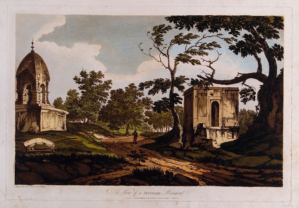 Murshidabad: monuments in memory of women who had died by sati. Coloured etching by William Hodges, 1788.