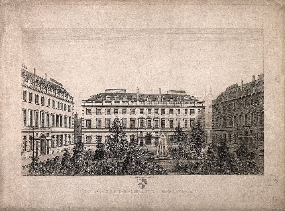 St Bartholomew's Hospital, London: the courtyard with prominent fountain and foliage. Etching by T. Godart, 1870.