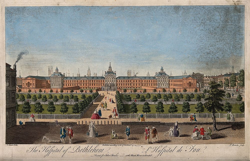 The Hospital of Bethlem [Bedlam] at Moorfields, London: seen from the north, with lunatics capering in the foreground.…